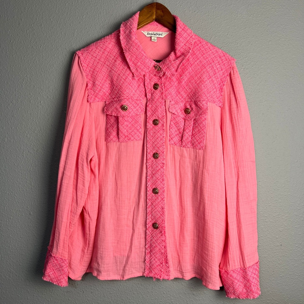 Davi & Dani Barbie Pink Tweed Accent Button Down Mixed Media Boho Shirt Large